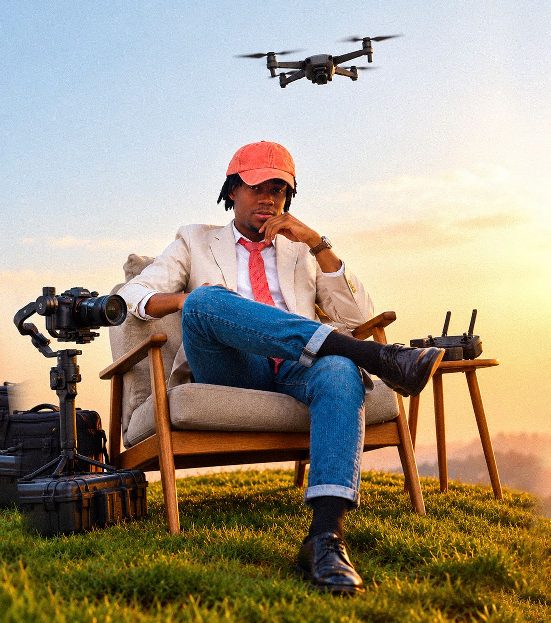 Éric Rocher assis au coucher du soleil avec un drone, une caméra sur gimbal et une radiocommande